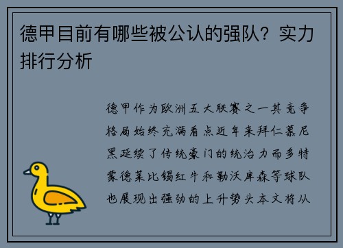 德甲目前有哪些被公认的强队？实力排行分析